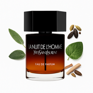 La Nuit De L’Homme Eau de Parfum YSL : parfum homme boisé oriental au patchouli, sauge et bois de santal. Sensuel et intense. Sur la-barfumerie.com.