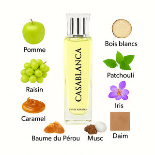 Pyramide olfactive – Casablanca Swiss Arabian :
Notes de tête : Pomme, Raisin

Notes de cœur : Bois blancs, Patchouli, Iris
Notes de fond : Caramel, Ambre, Baume du Pérou, Musc, Daim