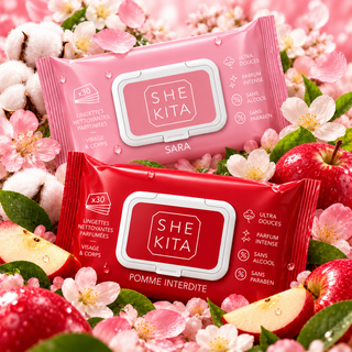 Pack découverte de 2 Lingettes nettoyantes parfumées SHEKITA – Sara, Pomme Interdite – Format voyage x30