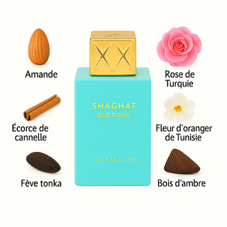 Shaghaf Oud Tonka Eau de Parfum 75 ml – Swiss Arabian : parfum mixte 75 ml aux notes d’amande, rose, tonka et bois d’ambre. Disponible sur la-barfumerie.com.