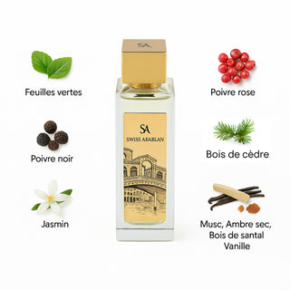Passion of Venice – Swiss Arabian. Parfum musqué et boisé aux notes de jasmin, vanille et ambre sec. Unisexe, 100 ml – Élégance vénitienne intense.