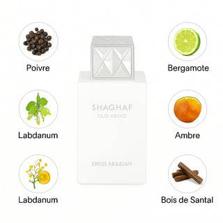 Parfum mixte Shaghaf Oud Abyad – Swiss Arabian. Notes de poivre, encens, oud et cuir. Eau de parfum orientale 75 ml, intense et raffinée.