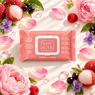 Lingettes nettoyantes parfumées - Bubble Lychee x30 – SHEKITA – Visage & Corps