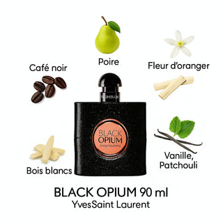 Black Opium YSL : parfum femme addictif au café, jasmin et vanille. Floral et gourmand. L’icône de la nuit. Disponible sur la-barfumerie.com.